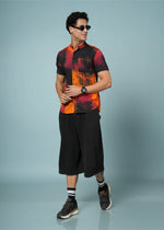 Men’s abstract black and orange rayon shirt from Outlaws Fashion, casual wear with bold, artistic design.