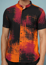 Men’s black and orange abstract rayon shirt by Outlaws Fashion, casual wear with bold, stylish design and relaxed fit.