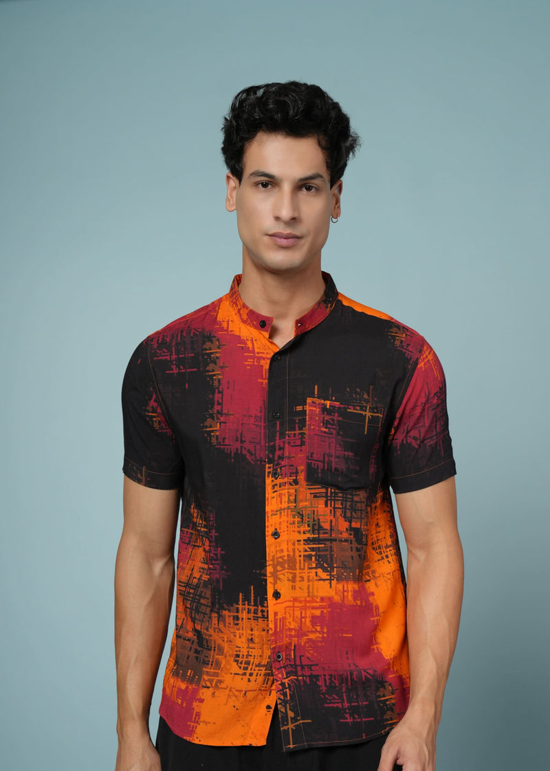 Men’s abstract rayon shirt in black and orange, casual wear from Outlaws Fashion, featuring bold, artistic design.