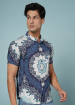 Men’s blue printed rayon shirt from Outlaws Fashion, showcasing soft fabric and stylish casual wear design.