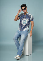 Men’s blue printed rayon shirt from Outlaws Fashion, featuring soft fabric and casual style, displayed on a hanger.