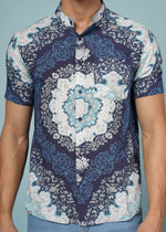 Men’s blue printed rayon shirt from Outlaws Fashion, showcasing soft fabric and stylish casual wear design.