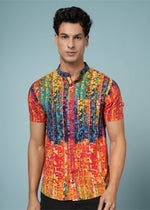Men’s abstract print rayon shirt by Outlaws Fashion, vibrant summer casual wear, shown with short sleeves and colorful design.