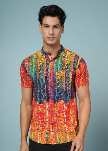 Men’s abstract print rayon shirt by Outlaws Fashion, vibrant summer casual wear, shown with short sleeves and colorful design.