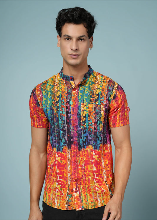 Men’s abstract print rayon shirt by Outlaws Fashion, vibrant summer casual wear, shown with short sleeves and colorful design.