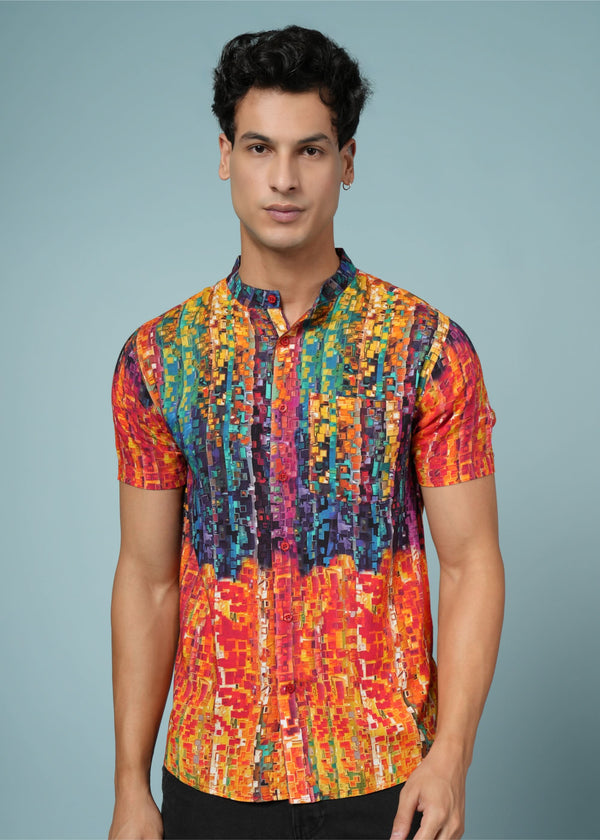 Men’s abstract print rayon shirt by Outlaws Fashion, vibrant summer casual wear, shown with short sleeves and colorful design.