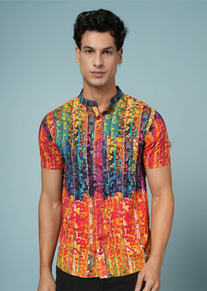 Men’s abstract print rayon shirt by Outlaws Fashion, vibrant summer casual wear, shown with short sleeves and colorful design.