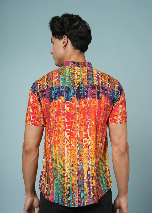 Men’s abstract print rayon shirt by Outlaws Fashion, vibrant summer casual wear with colorful, artistic design and relaxed fit.