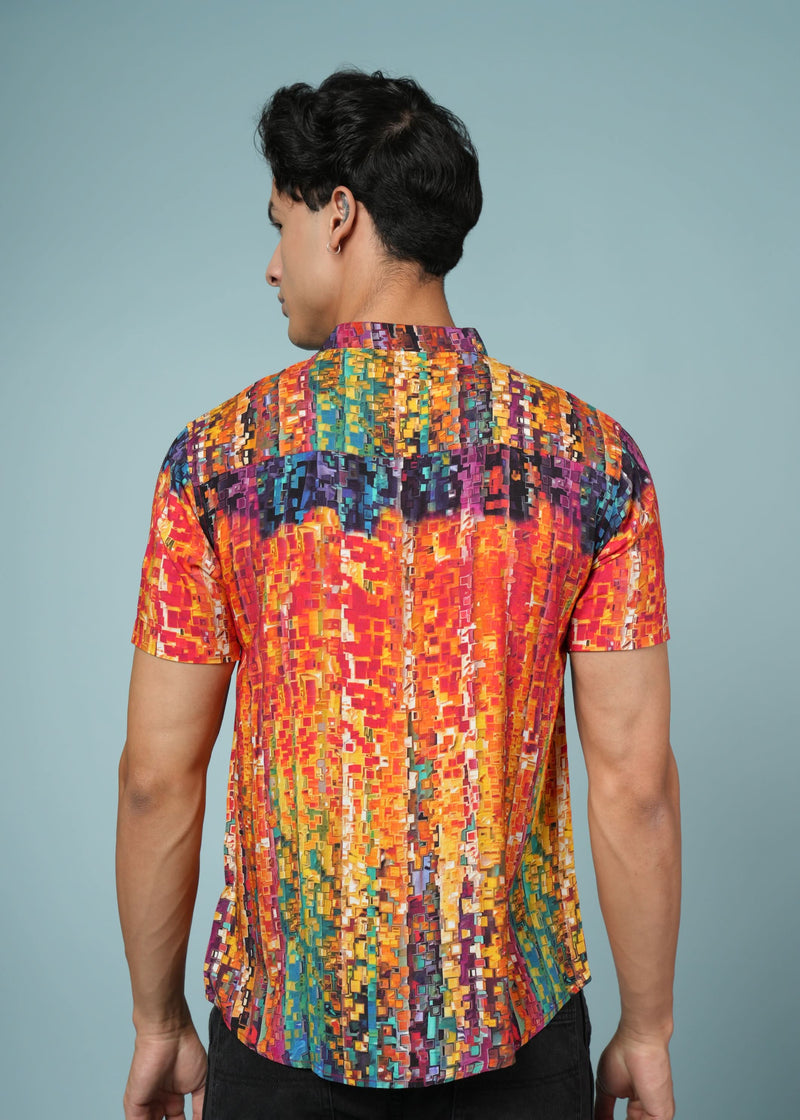 Men’s abstract print rayon shirt by Outlaws Fashion, vibrant summer casual wear with colorful, artistic design and relaxed fit.