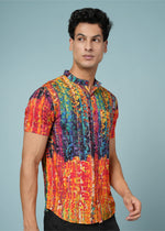 Men’s abstract print rayon shirt by Outlaws Fashion featuring vibrant summer casual wear, with colorful, artistic design and relaxed fit.
