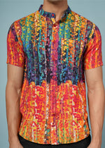 Men’s abstract print rayon shirt by Outlaws Fashion featuring vibrant summer casual wear with colorful, artistic design.