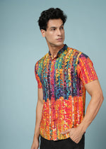 Men’s abstract print rayon shirt by Outlaws Fashion, vibrant summer casual wear, featuring colorful geometric patterns and a relaxed fit.
