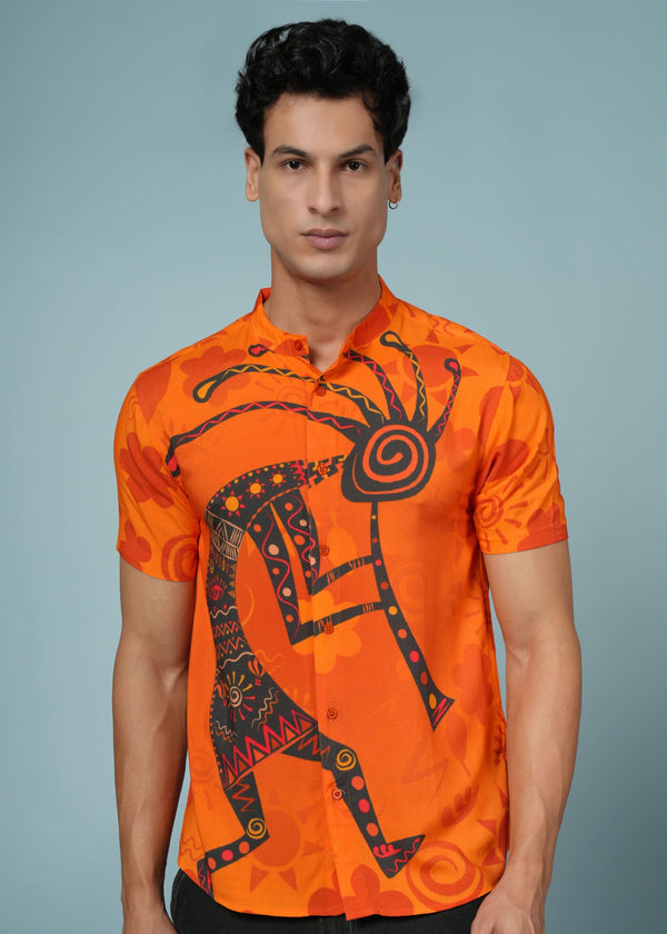 Men’s tribal art print rayon shirt by Outlaws Fashion featuring bold, vibrant casual wear with intricate tribal design patterns.