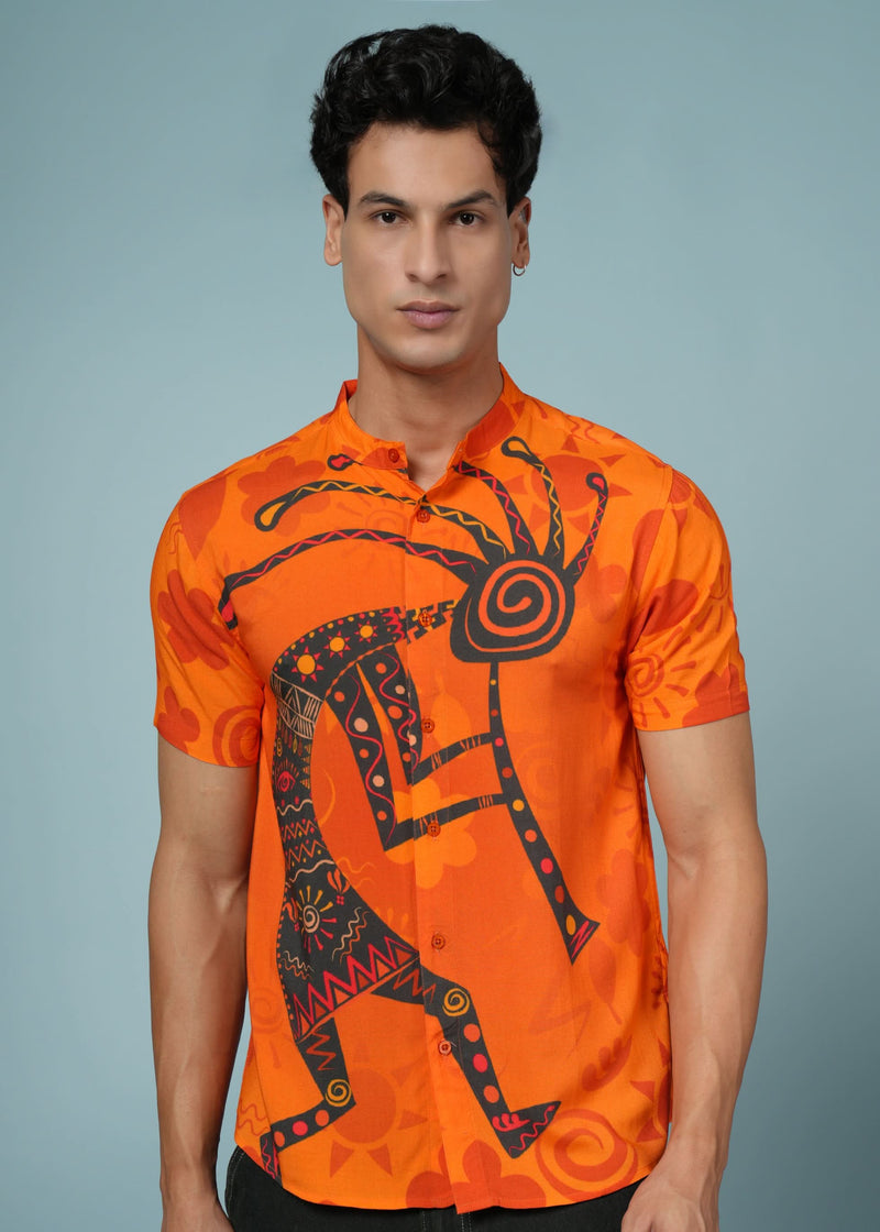 Men’s tribal art print rayon shirt by Outlaws Fashion featuring bold, vibrant casual wear with intricate tribal design patterns.