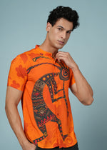 Men’s tribal art print rayon shirt by Outlaws Fashion featuring bold, vibrant colors and casual style.