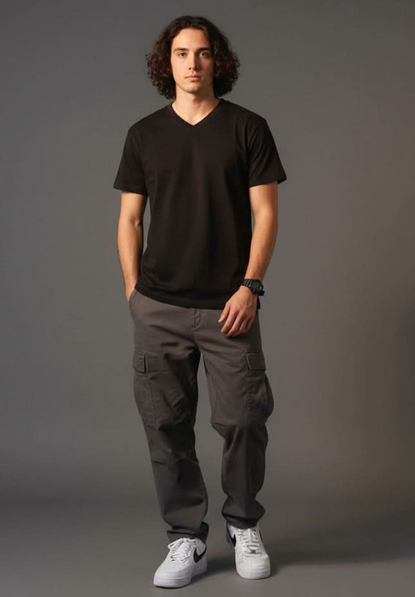 Men's classic V-neck T-shirt by Outlaws Fashion, 100% cotton, showing front view with soft fabric and simple design.