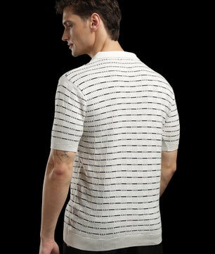 Men’s Cream Textured Knit Polo T-Shirt with Geometric Pattern
