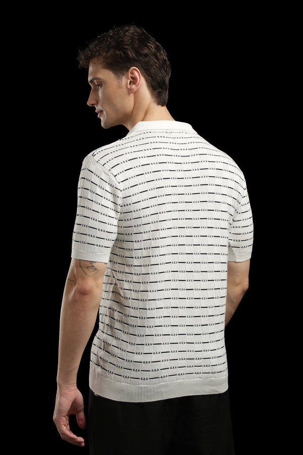 Men’s Cream Textured Knit Polo T-Shirt with Geometric Pattern