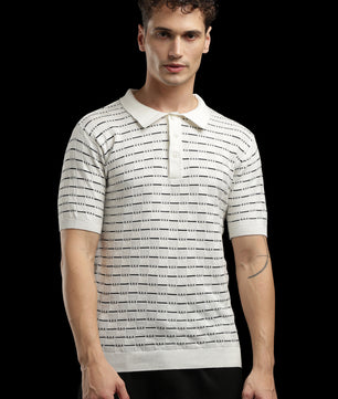 Men’s Cream Textured Knit Polo T-Shirt with Geometric Pattern