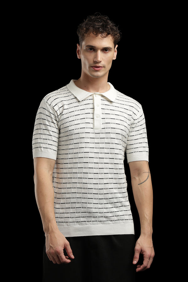 Men’s Cream Textured Knit Polo T-Shirt with Geometric Pattern