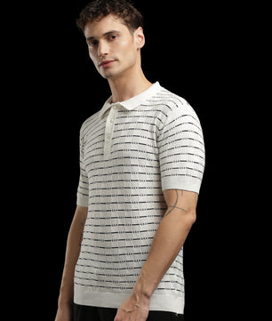 Men’s Cream Textured Knit Polo T-Shirt with Geometric Pattern