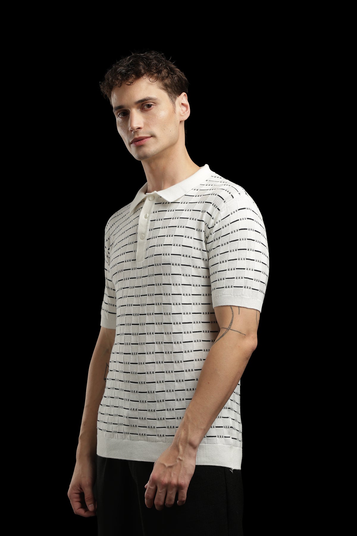 Men’s Cream Textured Knit Polo T-Shirt with Geometric Pattern
