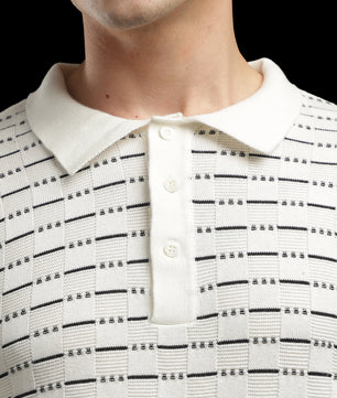 Men’s Cream Textured Knit Polo T-Shirt with Geometric Pattern