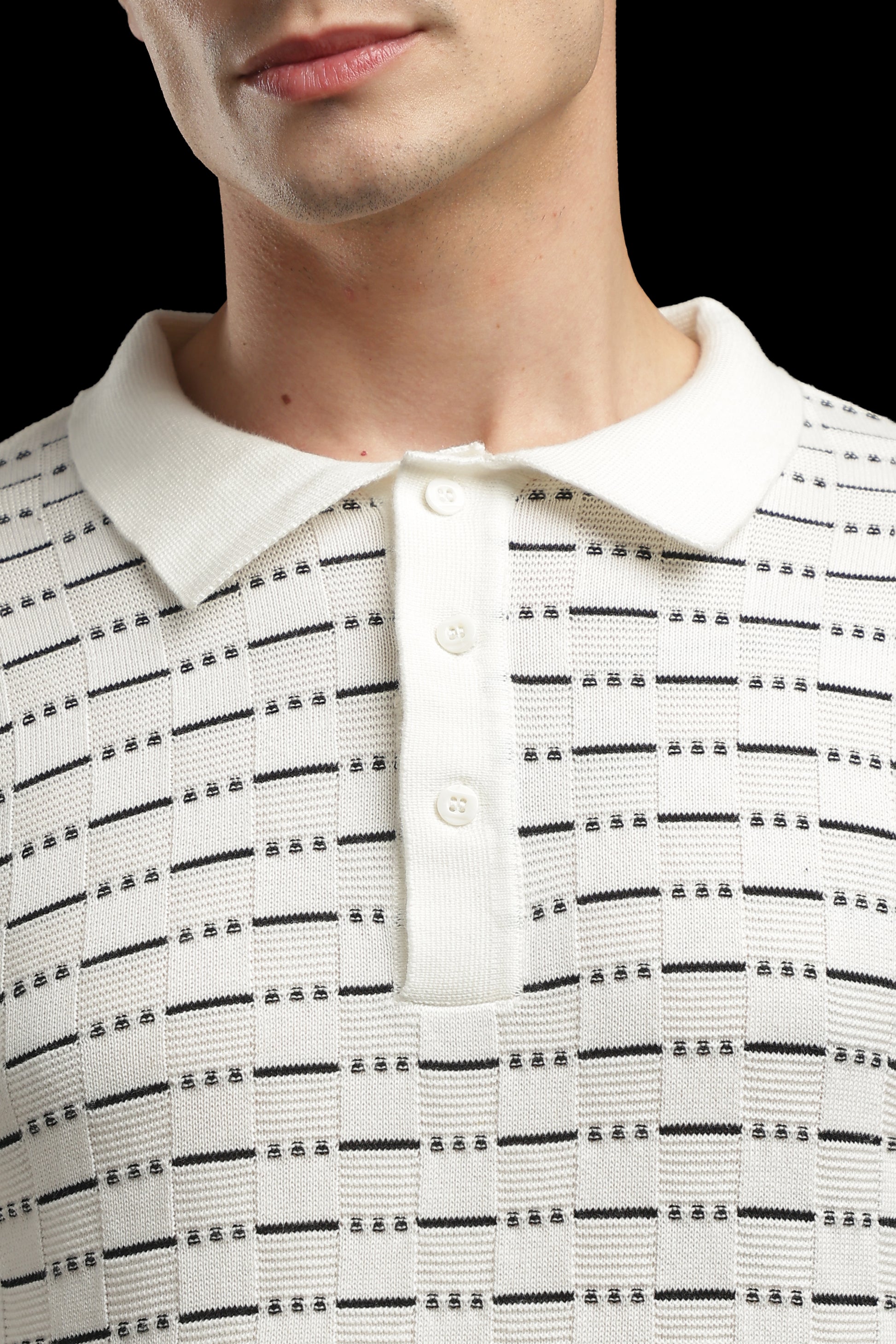 Men’s Cream Textured Knit Polo T-Shirt with Geometric Pattern