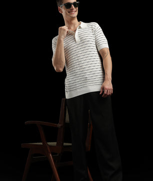 Men’s Cream Textured Knit Polo T-Shirt with Geometric Pattern