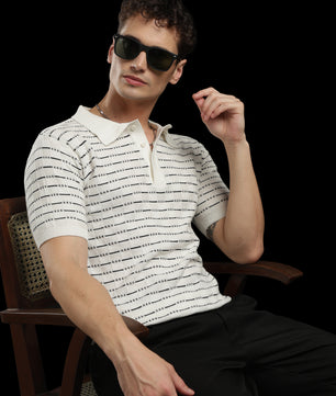 Men’s Cream Textured Knit Polo T-Shirt with Geometric Pattern