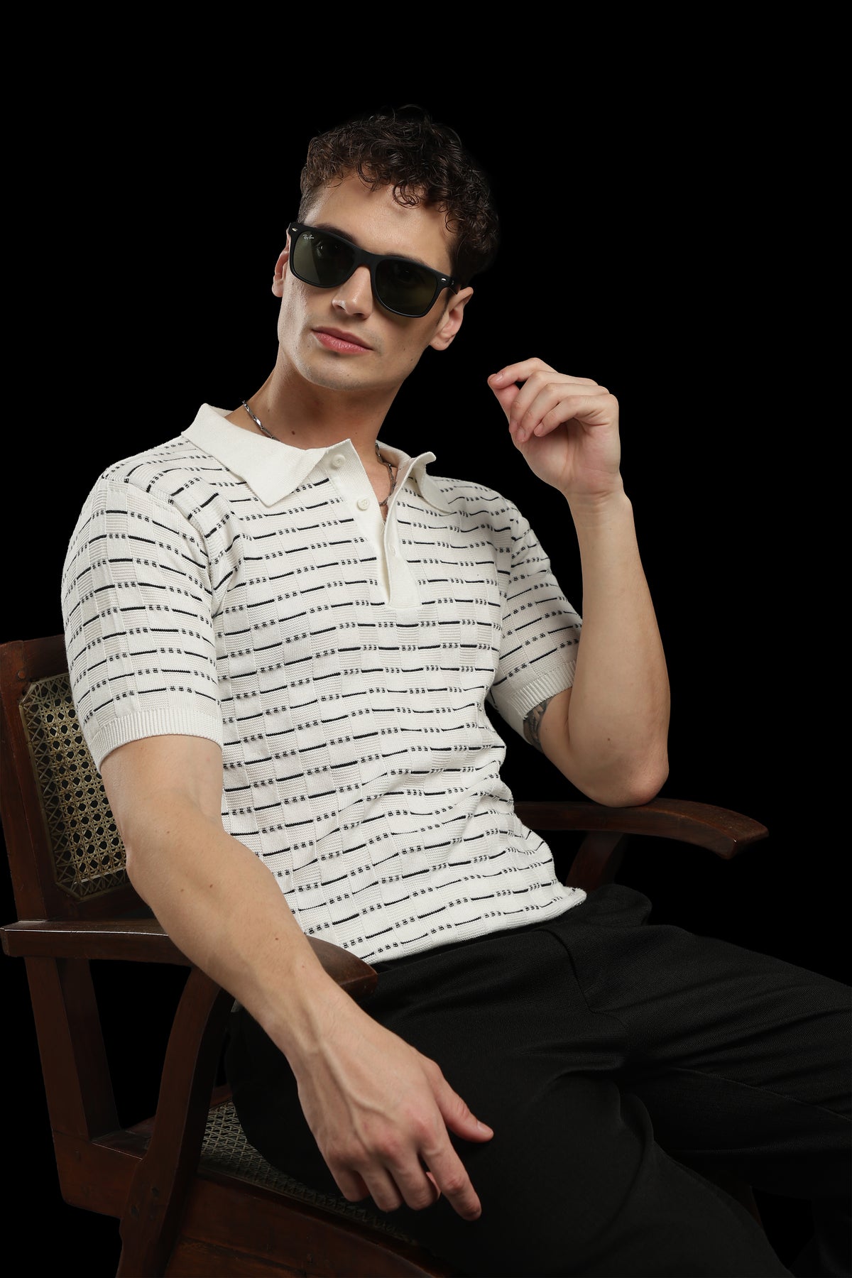 Men’s Cream Textured Knit Polo T-Shirt with Geometric Pattern