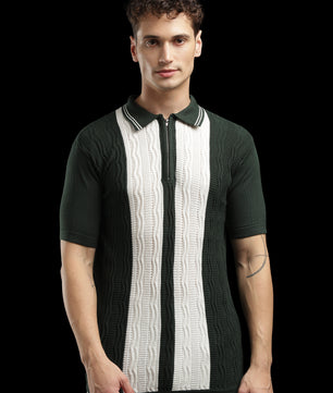 Men’s Forest Green Cable-Knit Zip Polo T-Shirt