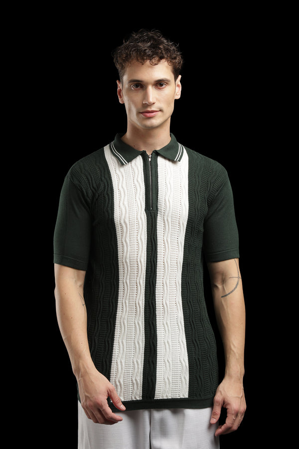 Men’s Forest Green Cable-Knit Zip Polo T-Shirt