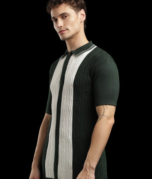 Men’s Forest Green Cable-Knit Zip Polo T-Shirt