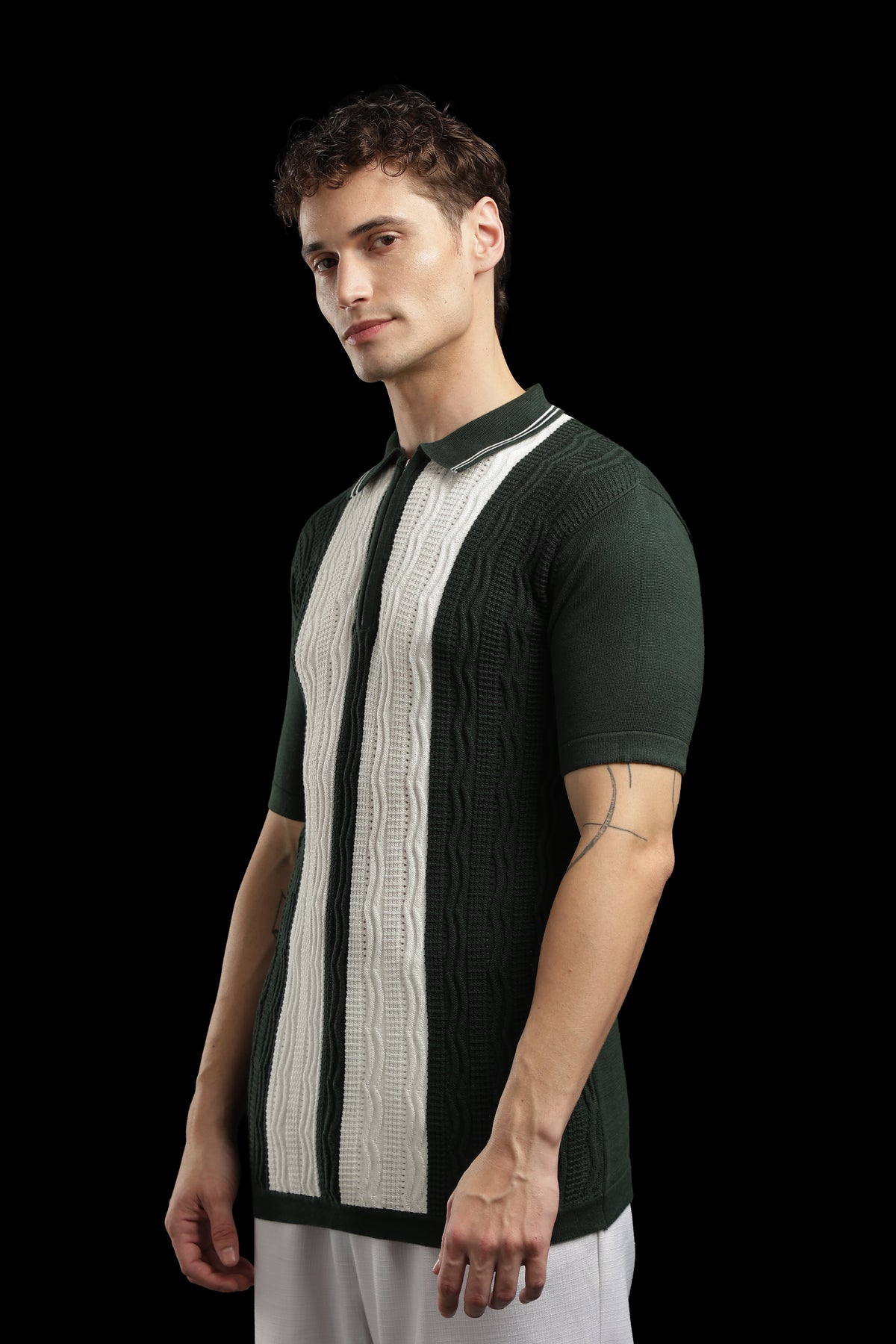 Men’s Forest Green Cable-Knit Zip Polo T-Shirt