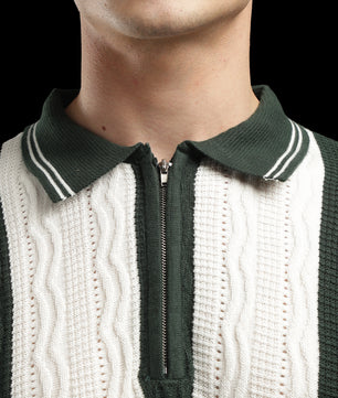 Men’s Forest Green Cable-Knit Zip Polo T-Shirt