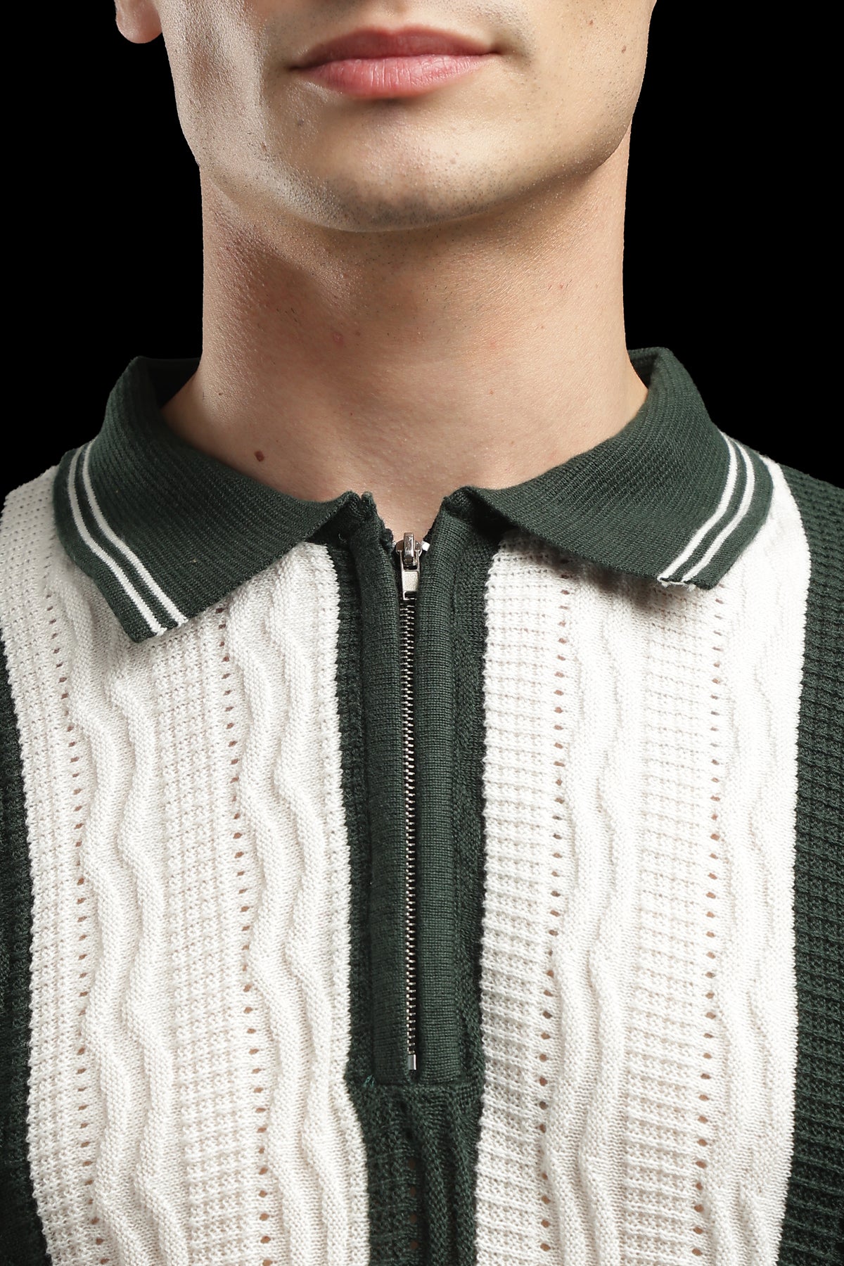 Men’s Forest Green Cable-Knit Zip Polo T-Shirt