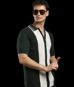 Men’s Forest Green Cable-Knit Zip Polo T-Shirt