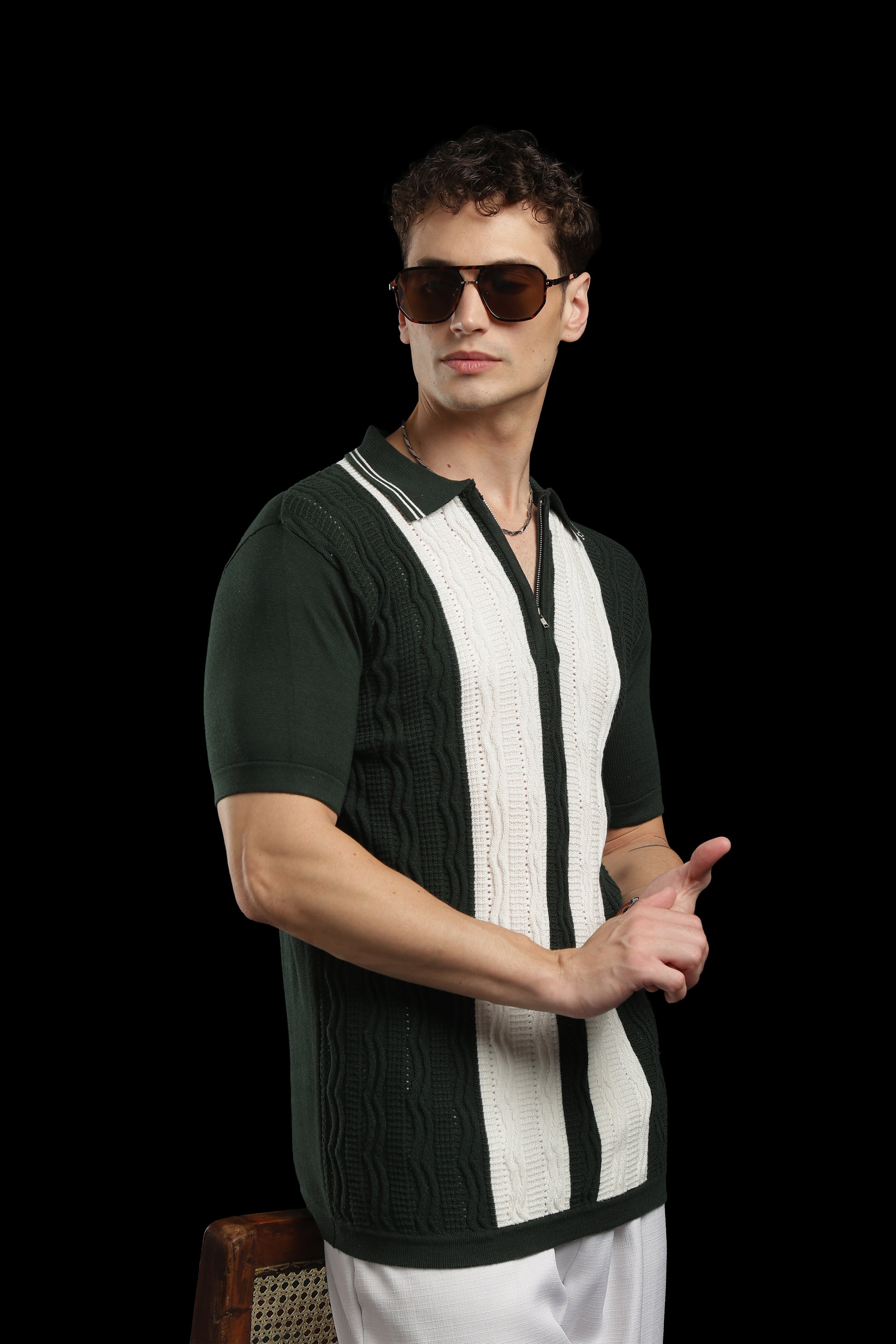 Men’s Forest Green Cable-Knit Zip Polo T-Shirt