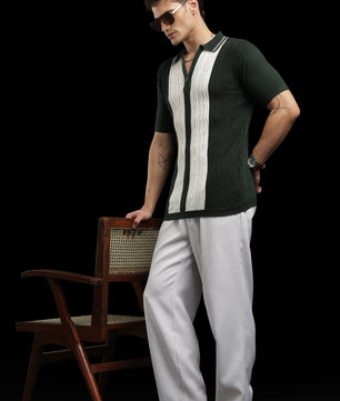 Men’s Forest Green Cable-Knit Zip Polo T-Shirt