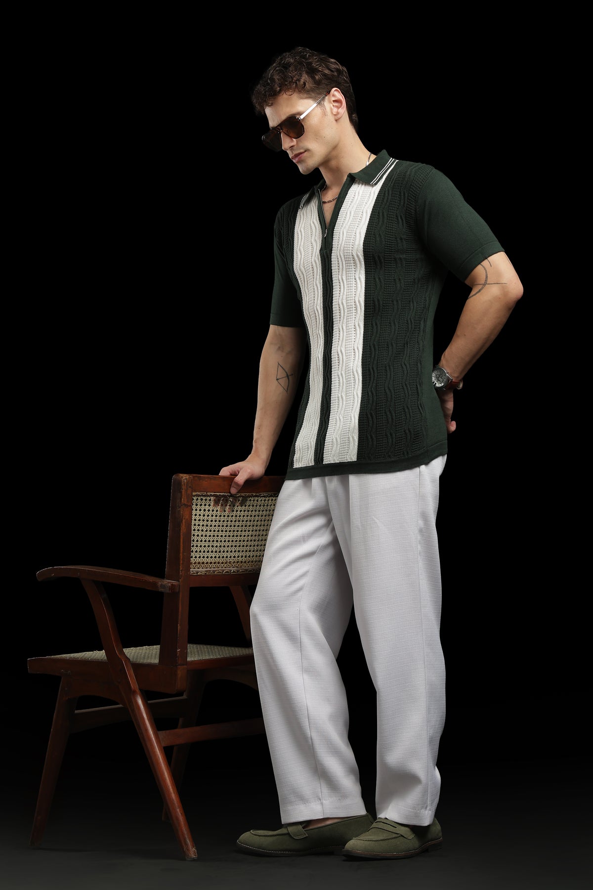 Men’s Forest Green Cable-Knit Zip Polo T-Shirt