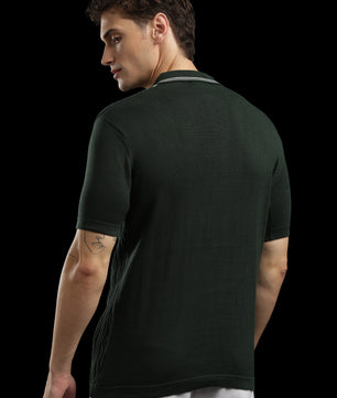 Men’s Forest Green Cable-Knit Zip Polo T-Shirt