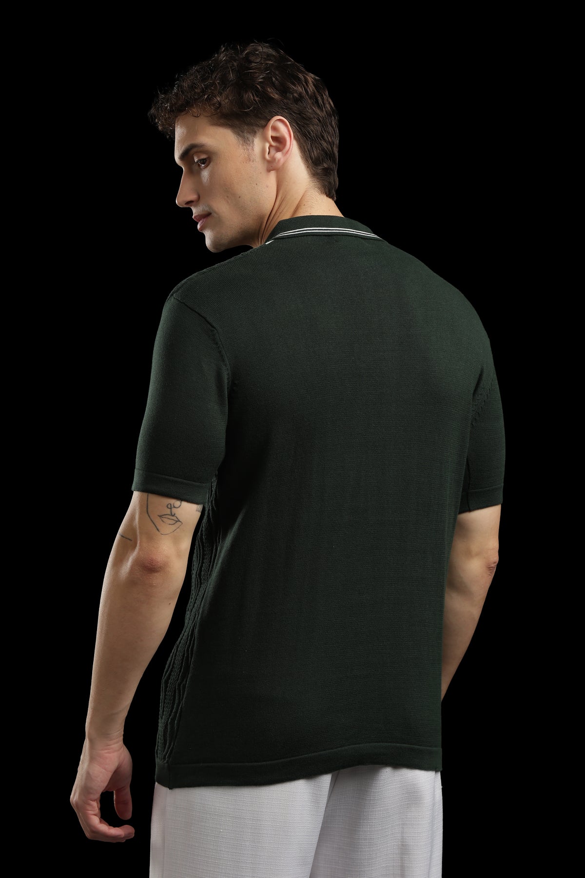 Men’s Forest Green Cable-Knit Zip Polo T-Shirt