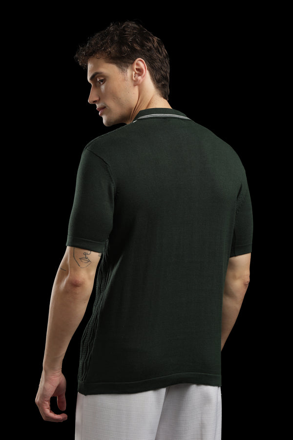 Men’s Forest Green Cable-Knit Zip Polo T-Shirt