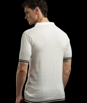 Men’s Ivory Contrast-Stripe Textured Knit Zip Polo T-Shirt