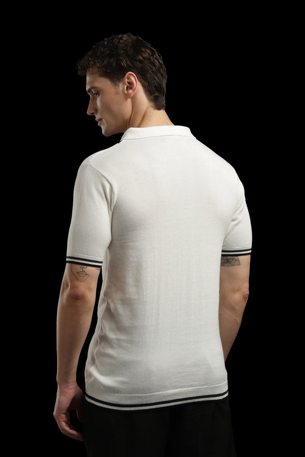 Men’s Ivory Contrast-Stripe Textured Knit Zip Polo T-Shirt