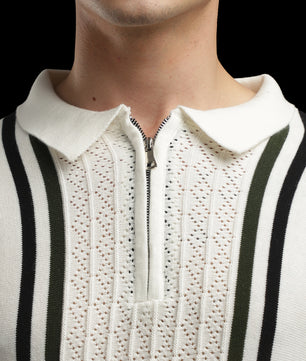 Men’s Ivory Contrast-Stripe Textured Knit Zip Polo T-Shirt