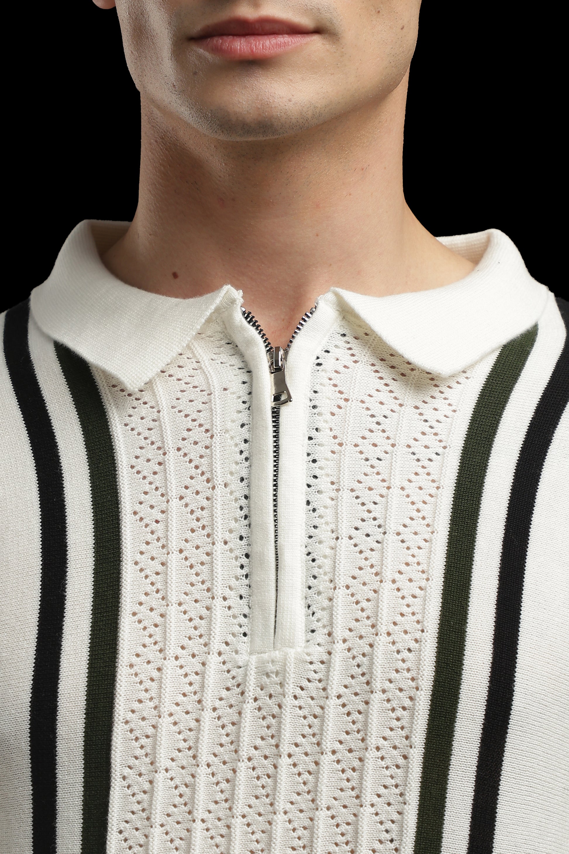 Men’s Ivory Contrast-Stripe Textured Knit Zip Polo T-Shirt