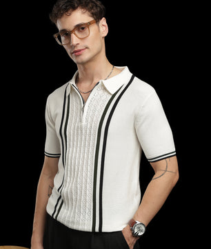 Men’s Ivory Contrast-Stripe Textured Knit Zip Polo T-Shirt