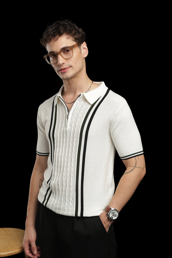 Men’s Ivory Contrast-Stripe Textured Knit Zip Polo T-Shirt